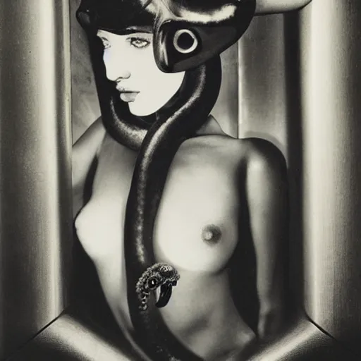 Image similar to A portrait of a beautiful cyberpunk girl with octopus, by Man Ray and Helmut Newton, fine art