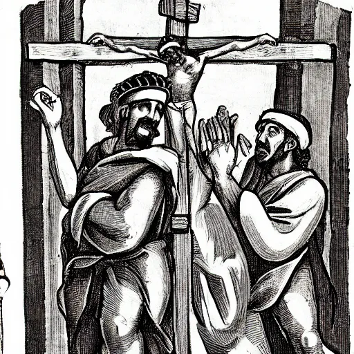 Prompt: mario and luigi at the crucifixion of christ in the style of raphael