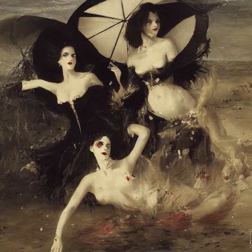 Image similar to portrait of a beautiful and grim vampire queen under a large beach umbrella being splashed by water suddenly by William-Adolphe Bouguerea