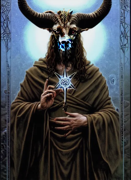 Prompt: elden ring themed orthodox baphomet goat jesus icon tarot card portrait, piercing gaze, byzantine aesthetic, doom, religious, sinister, ornate, intricate, beautifully backlit, subtle tones, digital painting, concept art, smooth, sharp focus, illustration, art by josan gonzalez, greg rutkowski, killian eng and zdizslaw beksinski