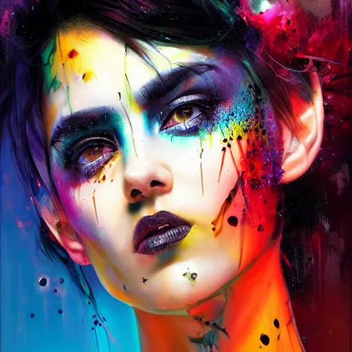 Prompt: cyberpunk goddess, black hair, side portrait, striking, defiant, spotlight, vibrant colors, paint splash, beautiful eyes, symmetrical pupils, by marco paludet and gianni strino and marion bolognesi