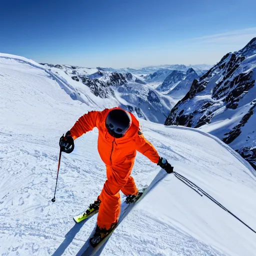 Image similar to skier in orange snow pants and black jacket skiing down a steep mountain face , aerial drone footage,