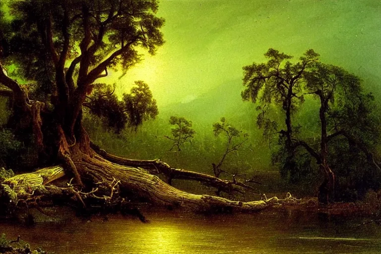 Prompt: oil painting of a detailed old tree next to a raging river by albert bierstadt