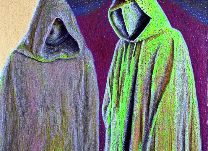 Image similar to man in cloak, hooded figure, oil, pastel, acrylic, oil on canvas, high detail, dots, stippling, clay, high resolution, clay, fractal, drip