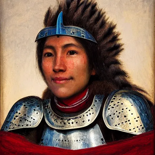 Prompt: head and shoulders portrait of a female knight, quechua!!, cuirass, tonalist, symbolist, realistic, baroque, detailed, modeled lighting, haggard, grizzled, vignetting, indigo and venetian red, angular, smiling, eagle