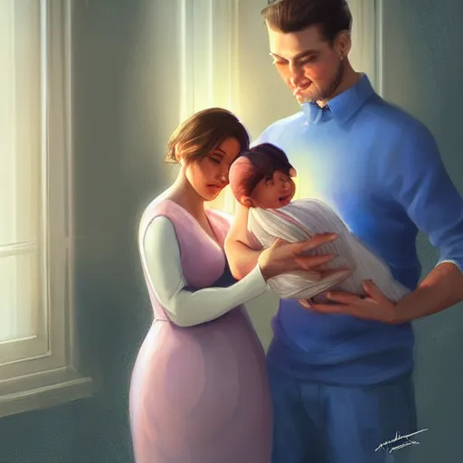 Prompt: husband and wife standing together, she is holding their newborn baby girl, beautifully lit, detailed, by artgerm, mumford and rutkowski, artstation cgsociety
