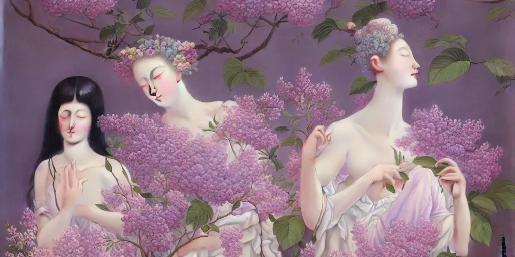 Prompt: reathtaking detailed concept art painting blend of two goddess of lilac flowers by hsiao ron cheng, vintage illustration pattern with bizarre compositions blend of flowers and plants and birds by beto val and john james audubon, exquisite detail, extremely moody lighting, 8 k