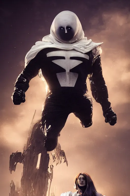 Image similar to hyperrealistic photography of Moon Knight mixed with Ghostrider style of patricia piccinini and wlop, full-shot, merged character, 4k, highly detailed, cinematic lighting, photorealistic, 3d render, award winning render, unreal engine, masterpiece, octane render, sharp focus, studio lighting, 8k, hd