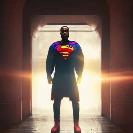 Prompt: Portrait of Kanye West as superman, heroic, amazing splashscreen artwork, splash art, head slightly tilted, natural light, elegant, intricate, fantasy, atmospheric lighting, cinematic, matte painting, detailed face, by Greg rutkowski