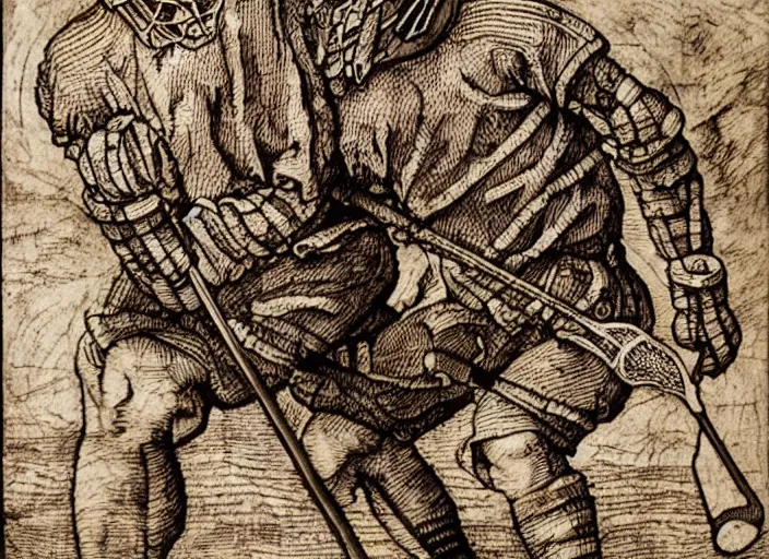 Image similar to lacrosse player, highly detailed, 8k, intricate, Albrecht Durer style