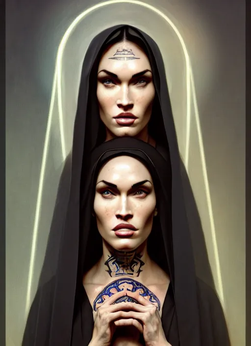 Image similar to portrait of megan fox as a nun with face tattoos, catholic, church, bible, christian, intricate, headshot, highly detailed, digital painting, artstation, concept art, sharp focus, cinematic lighting, illustration, art by artgerm and greg rutkowski, alphonse mucha, cgsociety