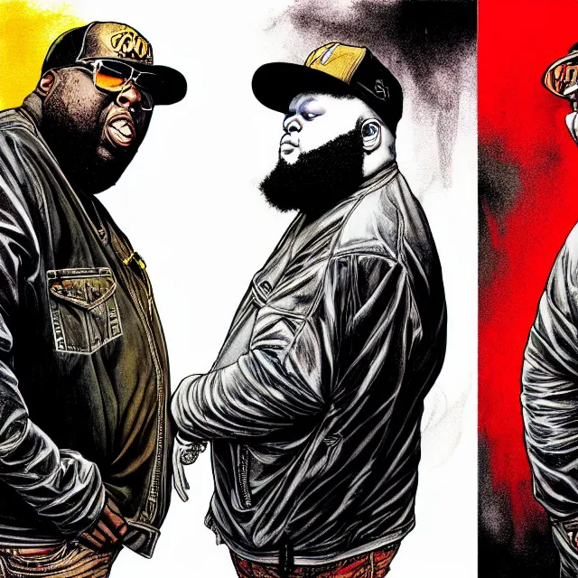 Prompt: symmetrical complex fine detail, black ink & copic markers, vibrant muted colors, disturbing grunge still of killer mike and el p of run the jewels, by arthur adams, by tom bagshaw, by henry asencio, by kikuchi hideyuki