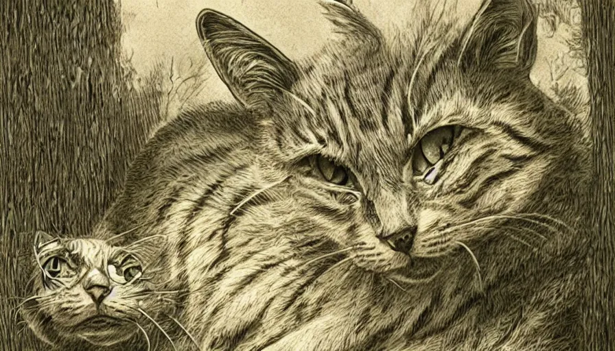 Image similar to bernie wrightson tabby cat morphed with alligator swimming pool sepia tone