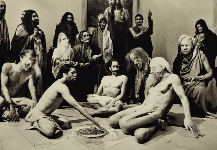 Prompt: smoke session for the ages: Gandhi , Obama, Jesus, And Lady GaGa in a circle on the floor getting high by Andy Warhol and Edward Curtis