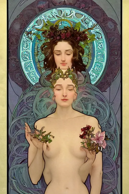 Image similar to a goddess of magnolia a queen of the garden, meditating! with a beautiful symmetrical face!!! cinematic lightning, isolated, studio lighting by alphonse mucha and tom bagshaw