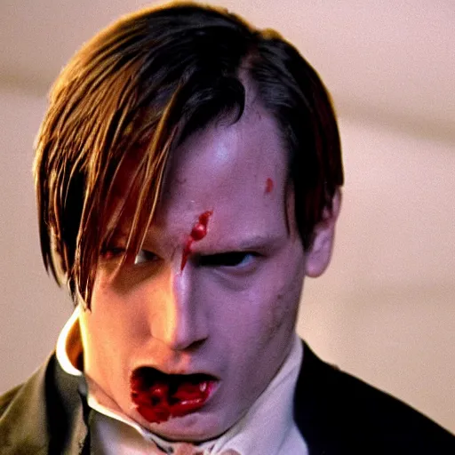 Image similar to Leon Kennedy from Resident Evil as The American Psycho, sweating intensely, cinematic still
