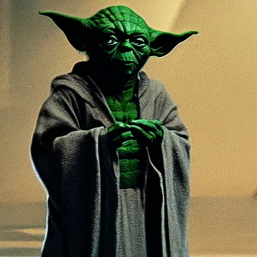 Image similar to a film still of yoda as a sith lord wearing black attire realistic, detailed