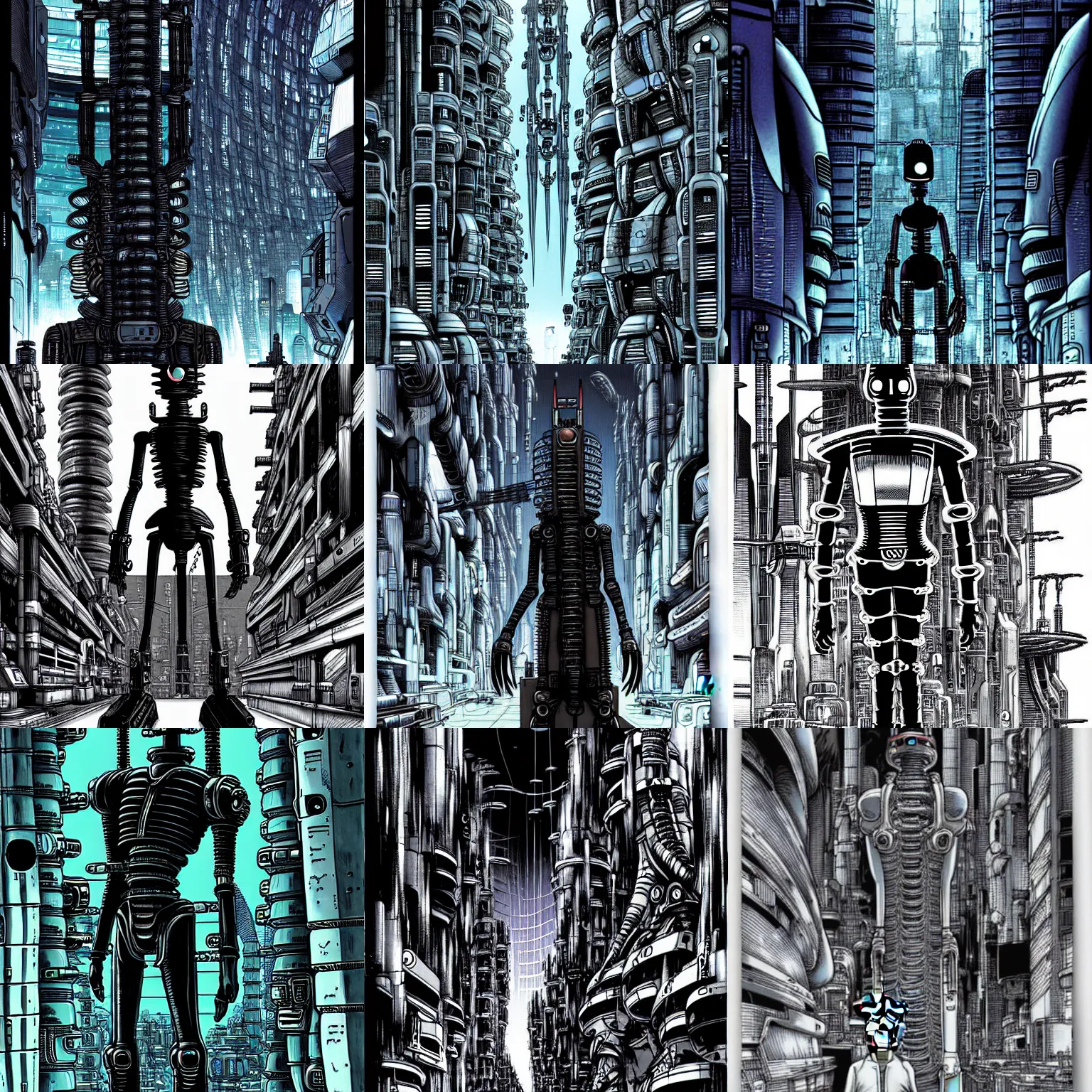 Prompt: bender from futurama in futuristic city, by tsutomu nihei, by h. r. giger