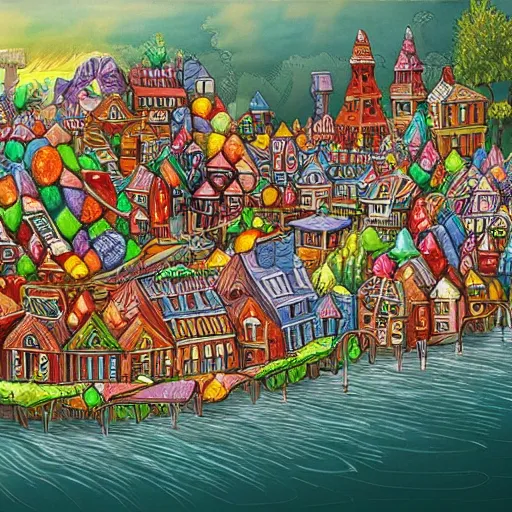 Prompt: Hyper detailed illustration of Small little village made of candy, fantasy art