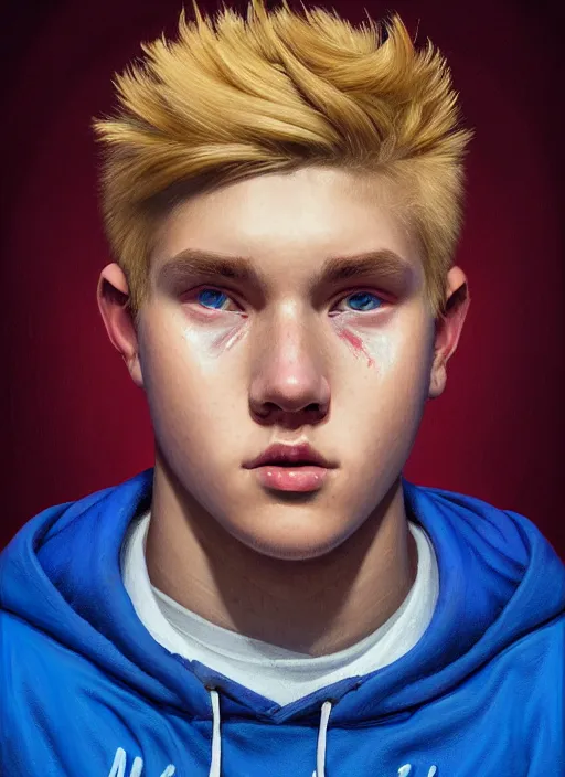 Image similar to portrait of high school senior boy named big moose, blonde short hair, jock, beefy, wide face, square jaw, square facial structure, blue varsity jacket with letter r, intricate, elegant, glowing lights, highly detailed, digital painting, artstation, concept art, sharp focus, illustration, art by wlop, mars ravelo and greg rutkowski