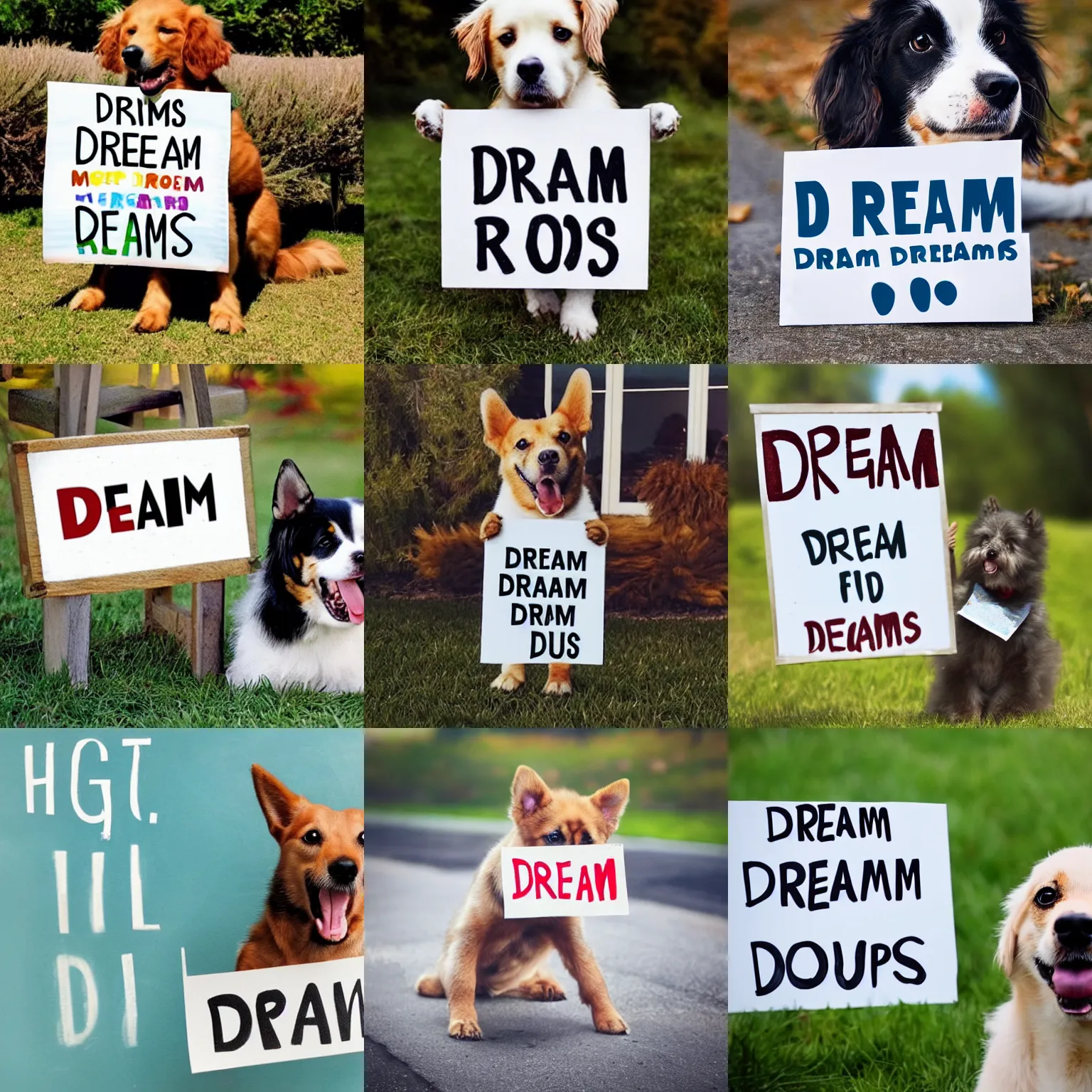 Prompt: realistic high quality photo of a cute dog holding a sign with text that reads : dream dogs