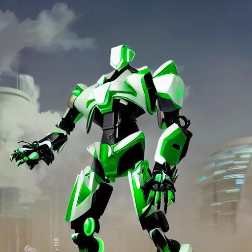 Prompt: saudi futuristic warrior mecha, green and white neon, full body mecha suit, epic urban battle, Murata Yasushi Nirasawa Style, beautiful aesthetic, photorealistic, volumetric lighting, hyperrealistic, octane render, HDR, Production IG Studios, concept art