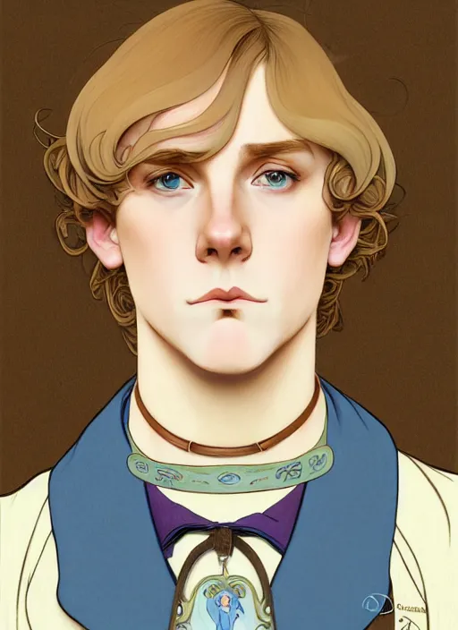 Image similar to art nouveau portrait of a pretty young man with short light brown straw blond hair, light blue eyes, sad expression, scared, head down, shy and demure, wearing a choker collar, natural lighting, path traced, highly detailed, high quality, cartoon, digital painting, by don bluth and ross tran and studio ghibli and alphonse mucha