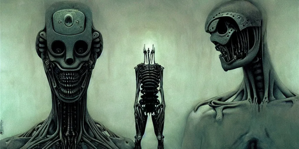 Image similar to bionic man nightmare dream, character art, beksinski, giger, large painting, extremely detailed, realistic light, perspective, biomachine background