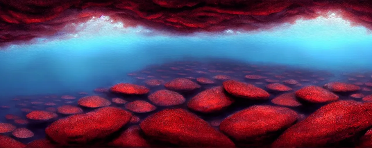 Image similar to A gorgeous detailed oil of a dark red sea covered in big blue steep rocks, a school of piranhas underwater, the further away the mistier it gets, surreal, concept art, dark aesthetic, atmospheric, moody, hyperrealism, highly detailed, masterpiece, award winning, 4k, unreal engine