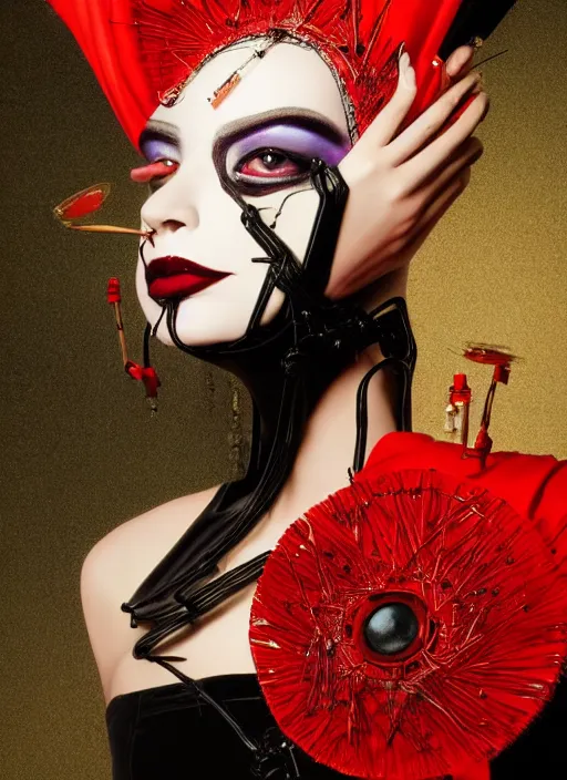 Image similar to a close up portrait of a woman with dark eye - shadow and red lips with dark slicked back hair, a mask made of wire and beads, dreaming acid - fueled hallucinations, psychedelic by serge lutens, rolf armstrong, delphin enjolras, peter elson, red cloth background, frilled blooming collar