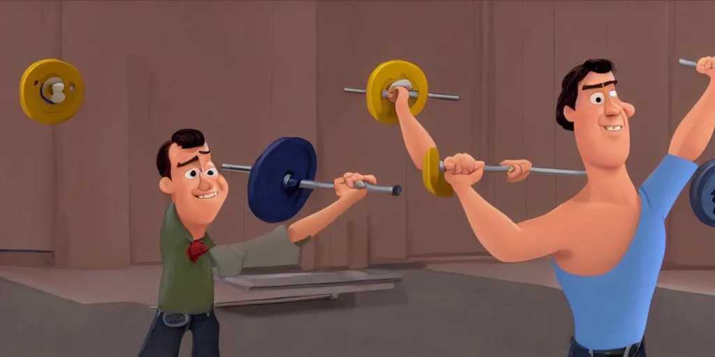 Image similar to Pixar movie art of Will Ferrell lifting weights