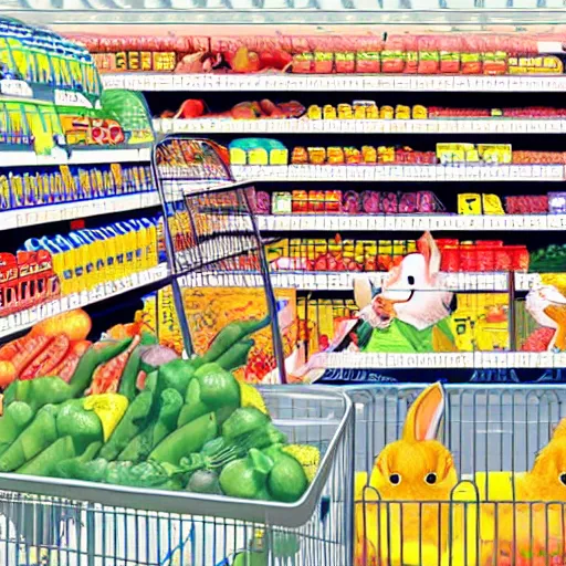 Prompt: rabbits shopping at the supermarket, cartoon