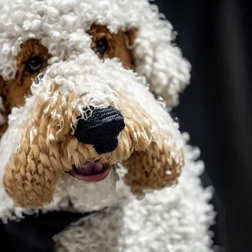 Prompt: a closeup photorealistic photograph of a smiling knitted bernedoodle judge dog dressed in a black gown, presiding over the courthouse. indoors, professional capture, well lit shot. this 4 k hd image is trending on artstation, featured on behance, well - rendered, extra crisp, features intricate detail, epic composition and the style of unreal engine.