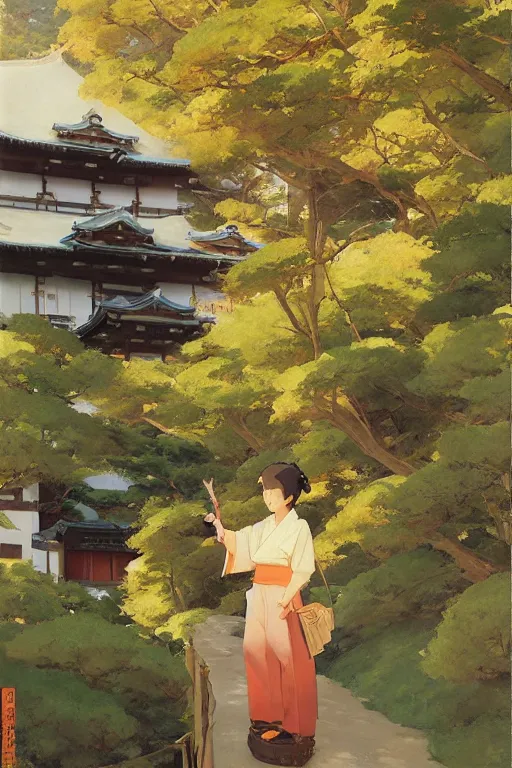 Image similar to a traditional Japanese quite unmanned uninhabited Torri on a mountain, by studio ghibli painting, by Joaquin Sorolla rhads Leyendecker, Torri, traditional Japanese colors, superior quality, masterpiece