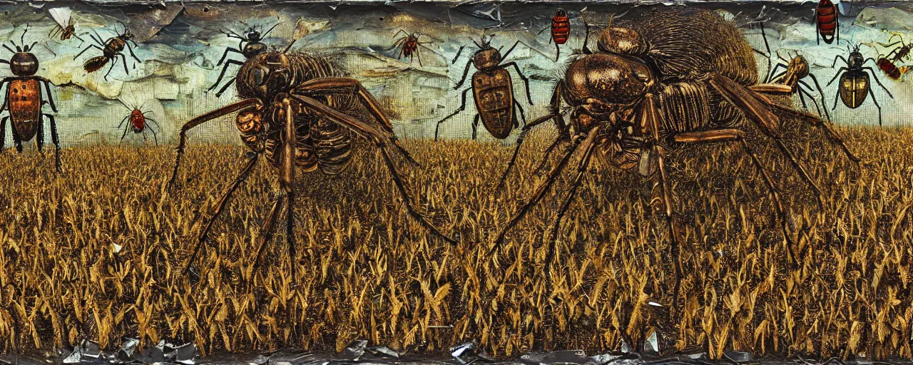 Prompt: strange giant insects, beetles, spiders and flies, swarming in a cornfield, oil painting by max ernst and anselm kiefer, decay, mixed media, textured, sharp focus, highly detailed, photographic emulsion cracked and peeling, rust, cinematic lighting, 8 k, hd