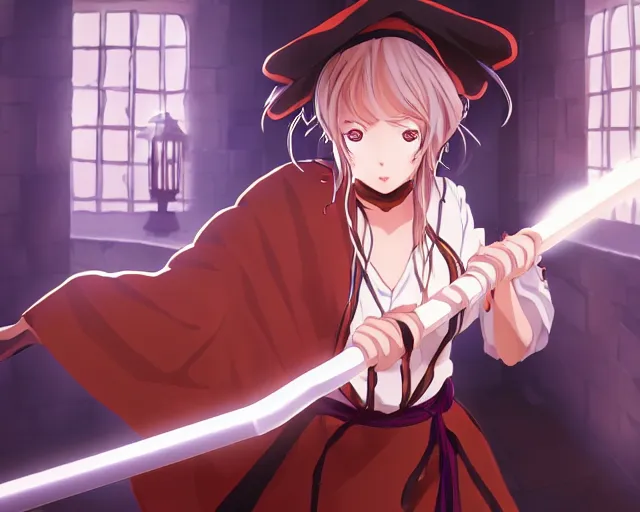 Image similar to key anime visual portrait of a young robed female witch holding a staff in a tavern interior, dynamic pose, dynamic perspective, cinematic, dramatic lighting, muted colors, fine detail, textured