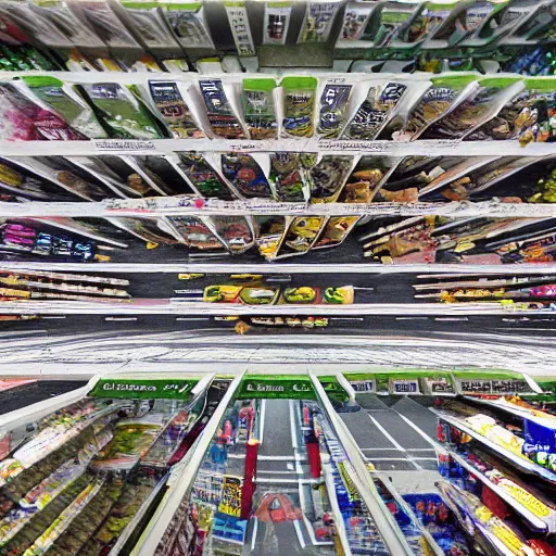 Prompt: top down picture of a supermarket after a zombie attack, top down perspecrive