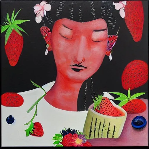 Prompt: “art in an Australian artist’s apartment, portrait of a woman wearing black silk cloth, eating luscious fresh raspberries and strawberries and blueberries, white wax, edible flowers, Japanese pottery, ikebana, black walls, acrylic and spray paint and oilstick on canvas”