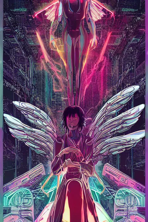 Image similar to white arc-angel with mystic robotic wings, blade runner, akira, ghost in the shell, 2077, style of Laurie Greasley and Satoshi Kon + symmetric lights and smoke, psychedelic effects , glowing particles, neon rain, glowing runes, de-noise, symmetrical composition, high detailed + tarot card, ornate border, 8k