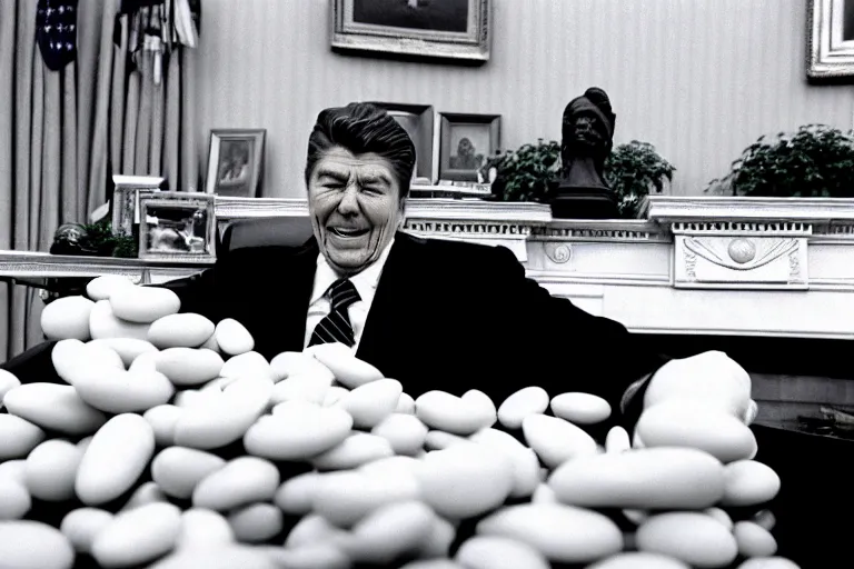 Prompt: 1 9 8 5 black and white photograph of ronald reagan dumping a huge bowl of jelly beans into his gaping maw, in the oval office