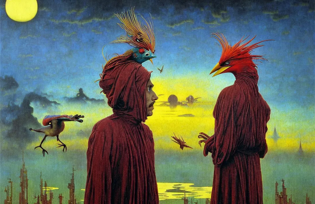 Image similar to realistic detailed portrait movie shot of a birdman wearing dark ragged robes, sci fi city sunset landscape background by denis villeneuve, amano, yves tanguy, alphonse mucha, ernst haeckel, max ernst, roger dean, masterpiece, rich moody colours, bird head, blue eyes