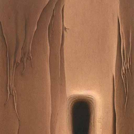 Image similar to bones and flesh stacked against walls of a canyon by Zdzisław Beksiński