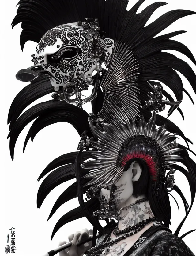 Image similar to 3 d coherent goddess close - up profile portrait punk with mohawk with ram skull. beautiful intricately detailed japanese crow kitsune mask and clasical japanese kimono. betta fish, jellyfish phoenix, bio luminescent, plasma, ice, water, wind, creature, artwork by tooth wu and wlop and beeple and greg rutkowski