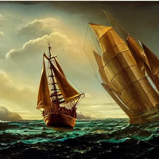 Image similar to an ancient sailing ship off the shore of a beautiful coastline with an omenous biopunk tower with glowing lights rising in the distance, painting by John Berkley