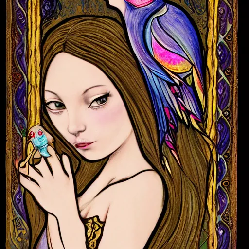 Image similar to soft by jasmine becket - griffith, by nacho carbonell illuminated manuscript, illuminated manuscript. body art. a woman is shown from behind, her body slightly blurred as if in motion. her long hair cascades down her back, & she is holding a small bird in her hand.