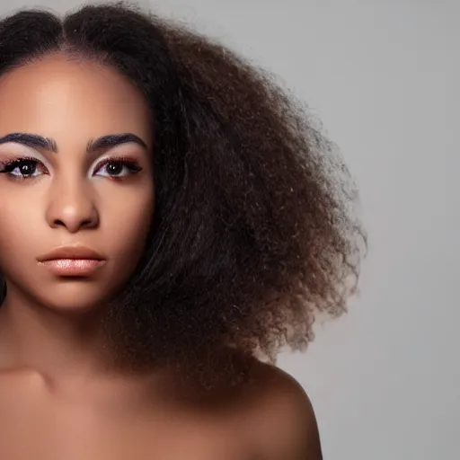 Image similar to a closeup portrait of a black woman with brown hair and brown eyes. Extremely clear and high quality eyes with reflection, realistic face and details, clear lips and high quality