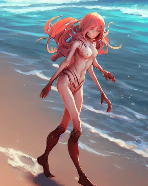 Image similar to concept art of a crab girl hybrid, wearing tight medival clothes, walking through a shallow beach | | cute - fine - fine details by stanley artgerm lau, wlop, rossdraws, and sakimichan, trending on artstation, brush strokes