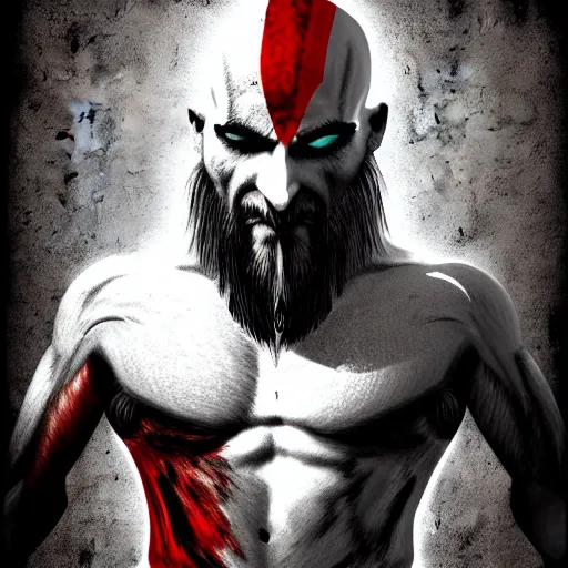 Image similar to hybrid of kratos and a chicken, digital art, cold hue's, warm tone gradient background