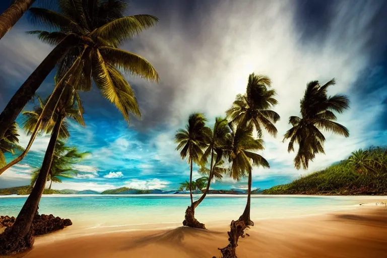 Image similar to amazing landscape photo of beach with coconut trees and turquoise water by marc adamus, beautiful, dramatic lighting