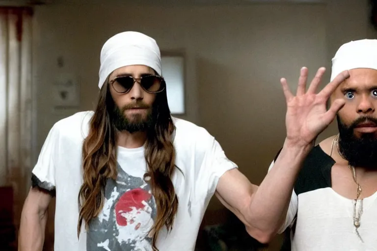 Image similar to medium full shot of jared leto as an exaggerated caricature of a white gang member wearing a black durag and a white tank top in the new movie directed by ice cube, movie still frame, arms covered in gang tattoo, promotional image, critically condemned, top 1 5 worst movie ever imdb list, public condemned, relentlessly detailed